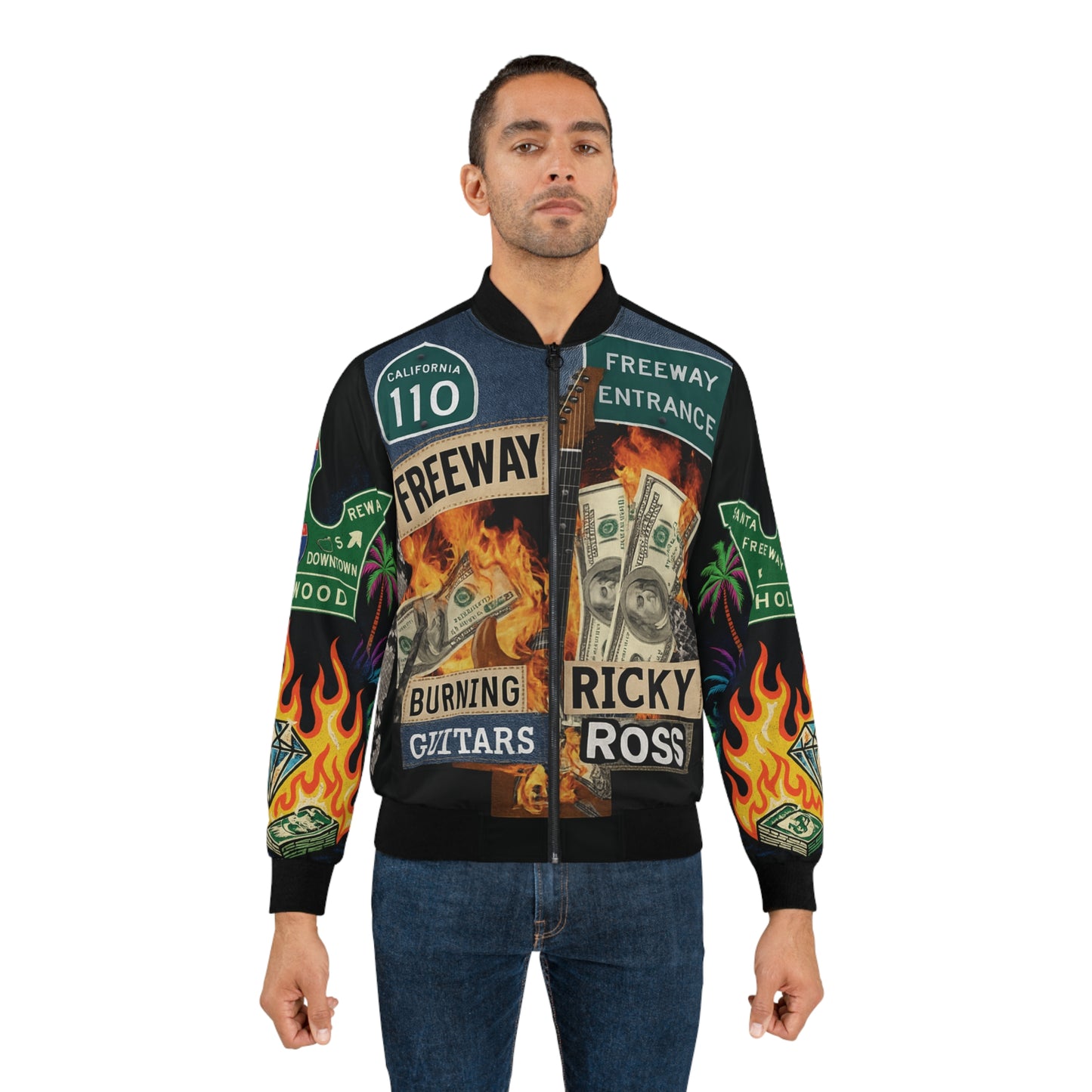 Freeway Ricky Ross & Burning Guitars '$2M A DAY' Bomber Jacket Dye Sublimation