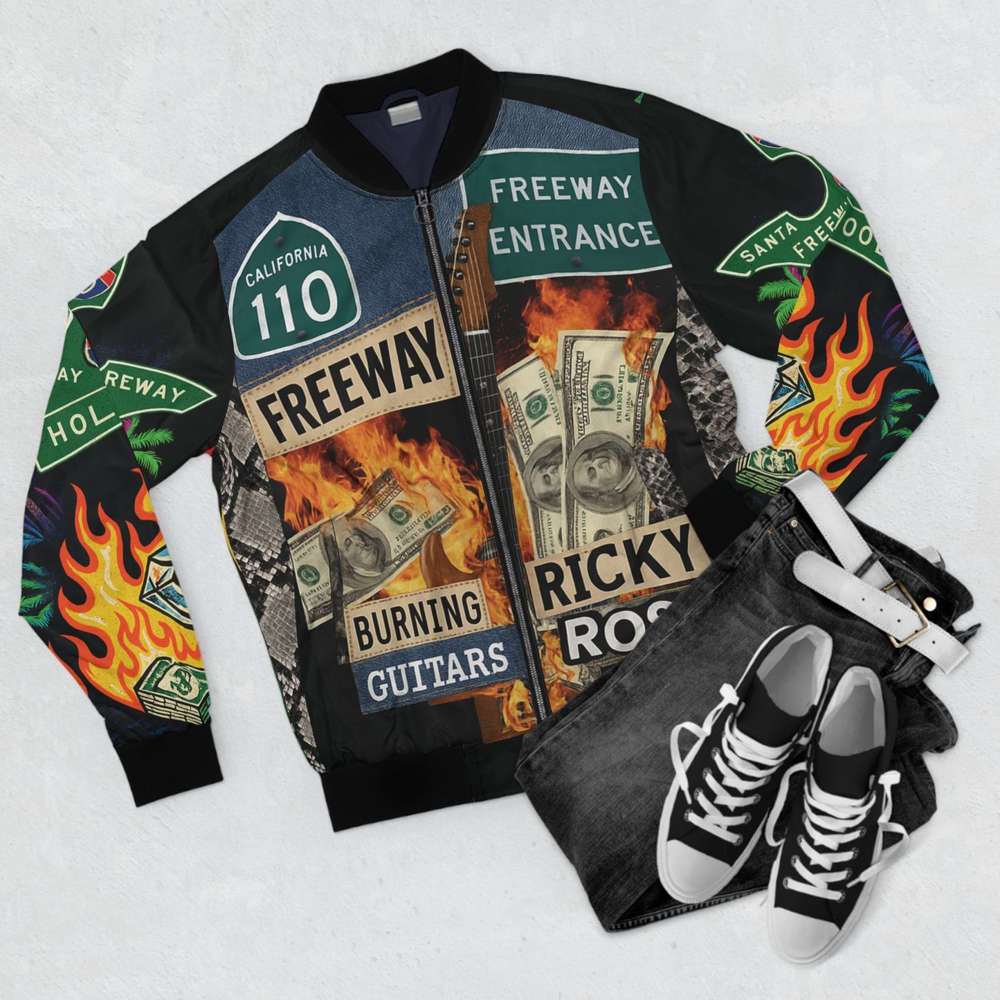 Freeway Ricky Ross & Burning Guitars '$2M A DAY' Bomber Jacket Dye Sublimation