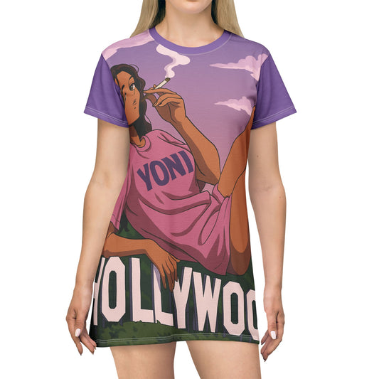 YONI Hollywood Smoke Purple T-Shirt Dress (AOP)